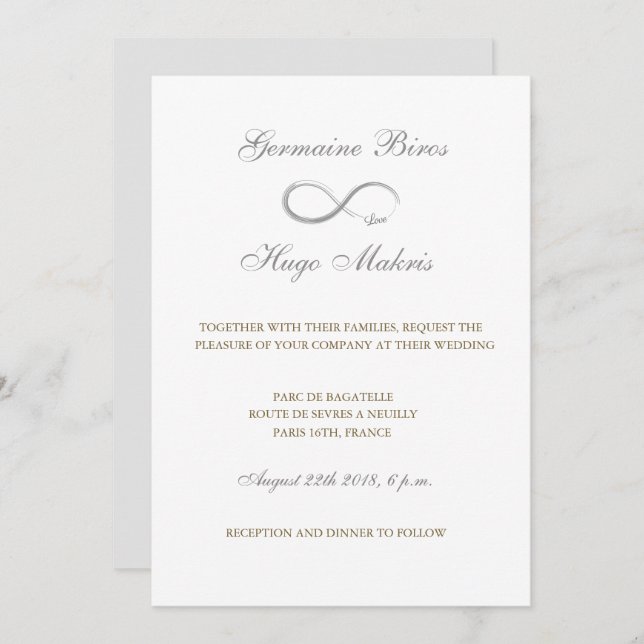 Infinity symbol white grey gold elegant wedding invitation (Front/Back)