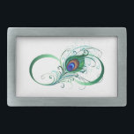 Infinity Symbol with Peacock Feather Belt Buckle<br><div class="desc">The symbol of infinity with a bright,  green,  artistic peacock feather on a white background. Tattoo style.</div>