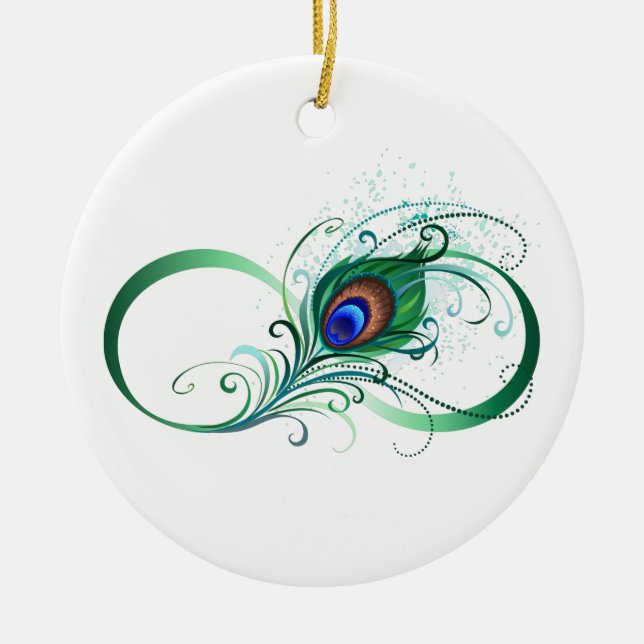 Infinity Symbol with Peacock Feather Ceramic Ornament (Front)