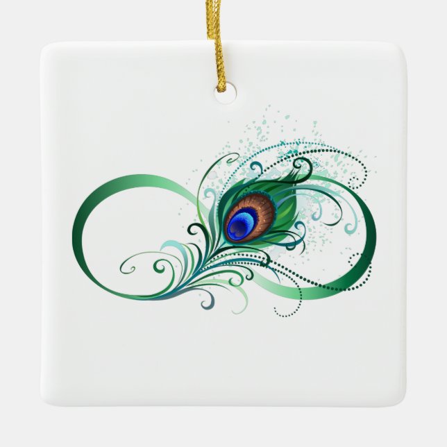 Infinity Symbol with Peacock Feather Ceramic Ornament (Front)