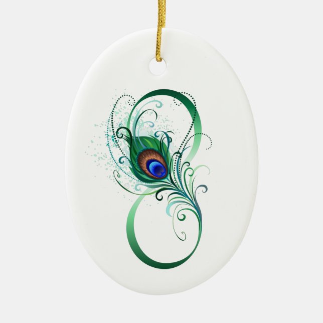 Infinity Symbol with Peacock Feather Ceramic Ornament (Front)