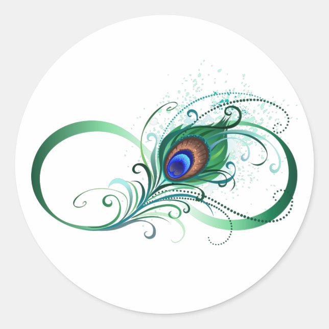 Infinity Symbol with Peacock Feather Classic Round Sticker (Front)