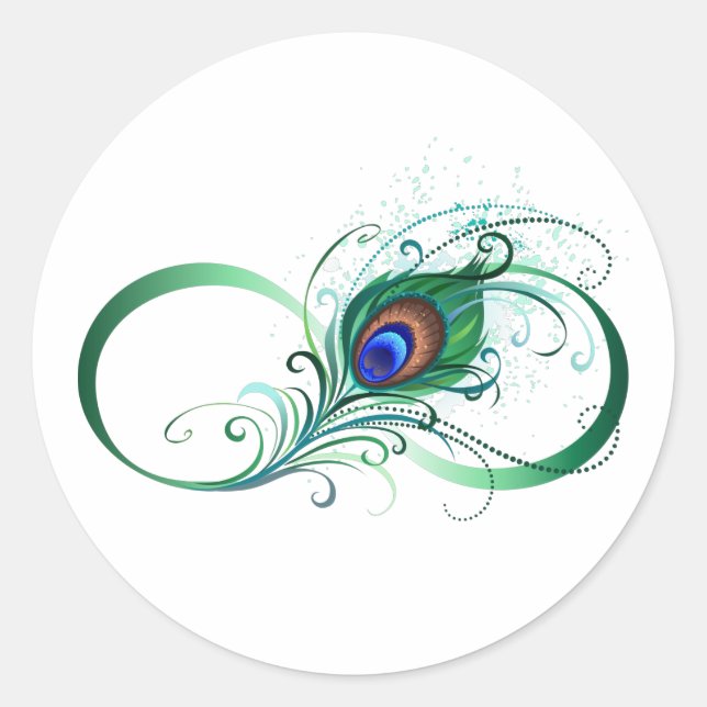 Infinity Symbol with Peacock Feather Classic Round Sticker (Front)