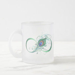 Infinity Symbol with Peacock Feather Frosted Glass Coffee Mug