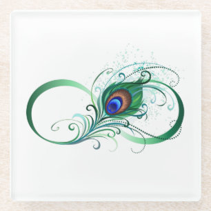 Infinity Symbol with Peacock Feather Glass Coaster
