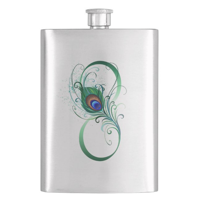 Infinity Symbol with Peacock Feather Hip Flask (Front)