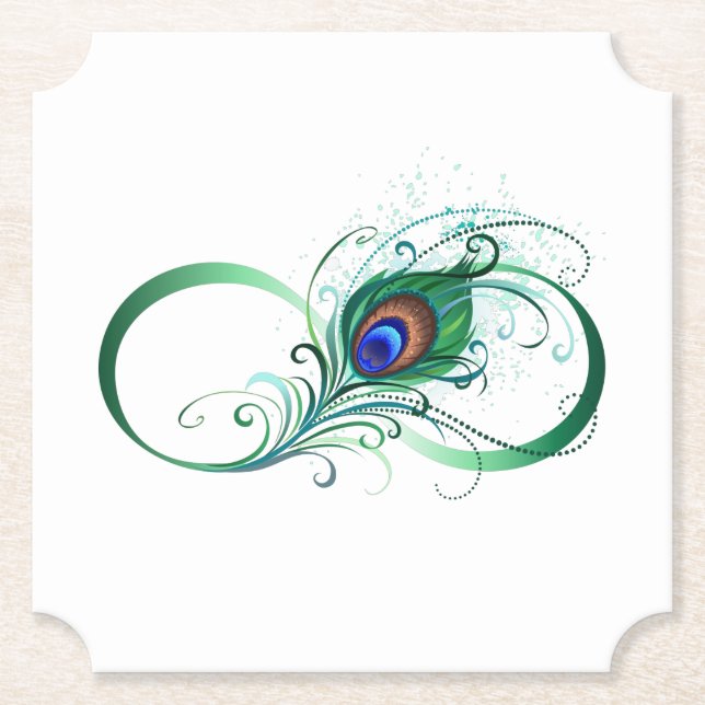 Infinity Symbol with Peacock Feather Paper Coaster (Front)