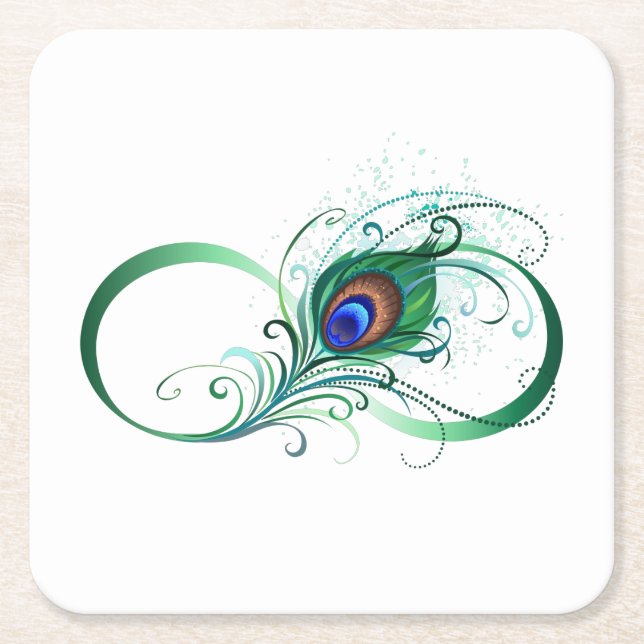 Infinity Symbol with Peacock Feather Square Paper Coaster (Front)