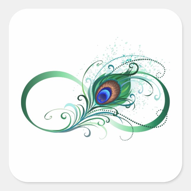Infinity Symbol with Peacock Feather Square Sticker (Front)