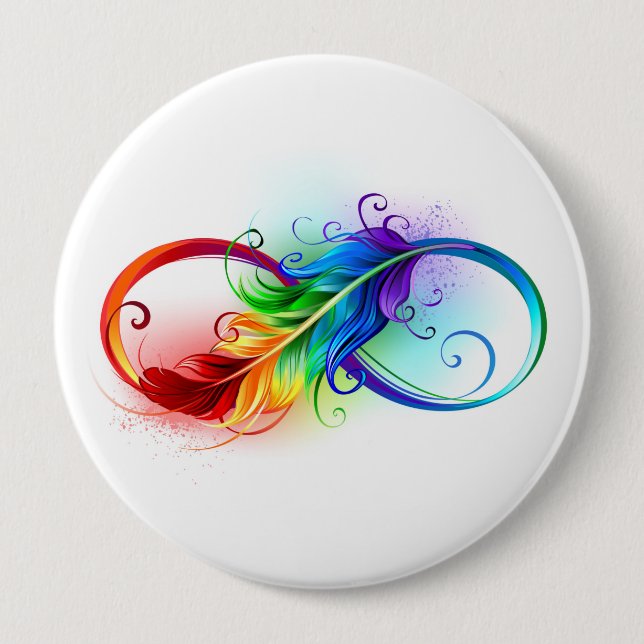 Infinity Symbol with Rainbow Feather 10 Cm Round Badge (Front)