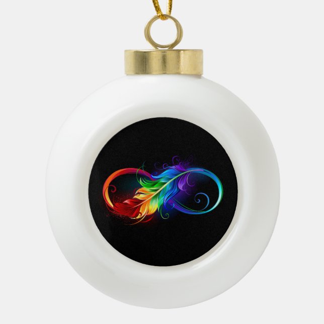 Infinity Symbol with Rainbow Feather Ceramic Ball Christmas Ornament (Front)
