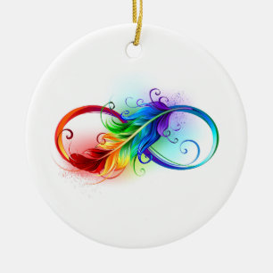 Infinity Symbol with Rainbow Feather Ceramic Ornament