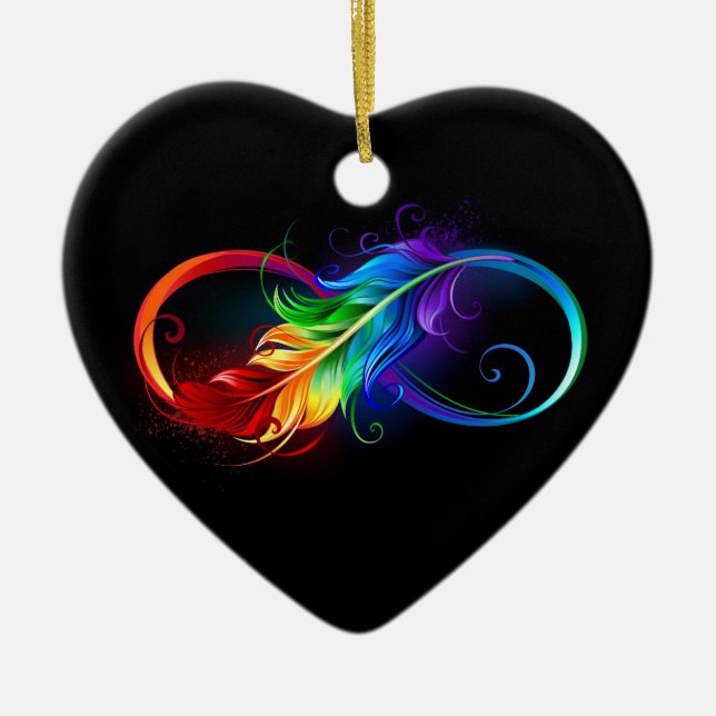 Infinity Symbol with Rainbow Feather Ceramic Ornament (Front)