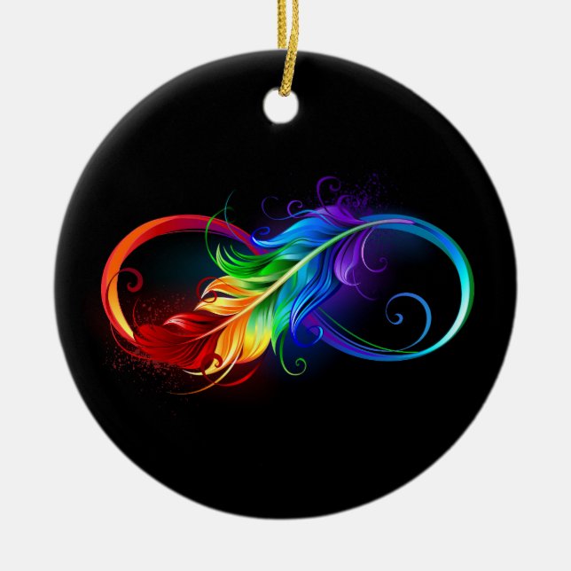 Infinity Symbol with Rainbow Feather Ceramic Ornament (Front)