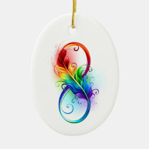 Infinity Symbol with Rainbow Feather Ceramic Ornament
