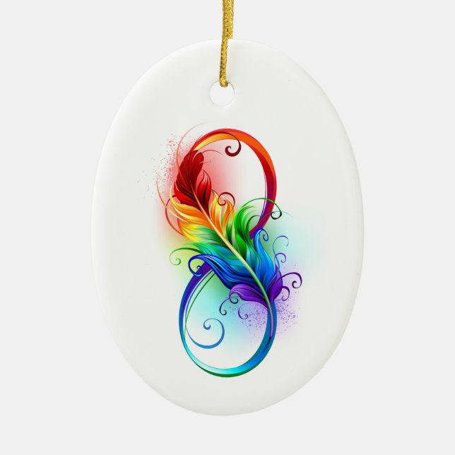 Infinity Symbol with Rainbow Feather Ceramic Ornament (Front)