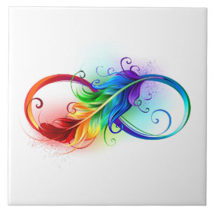 Infinity Symbol with Rainbow Feather Ceramic Tile