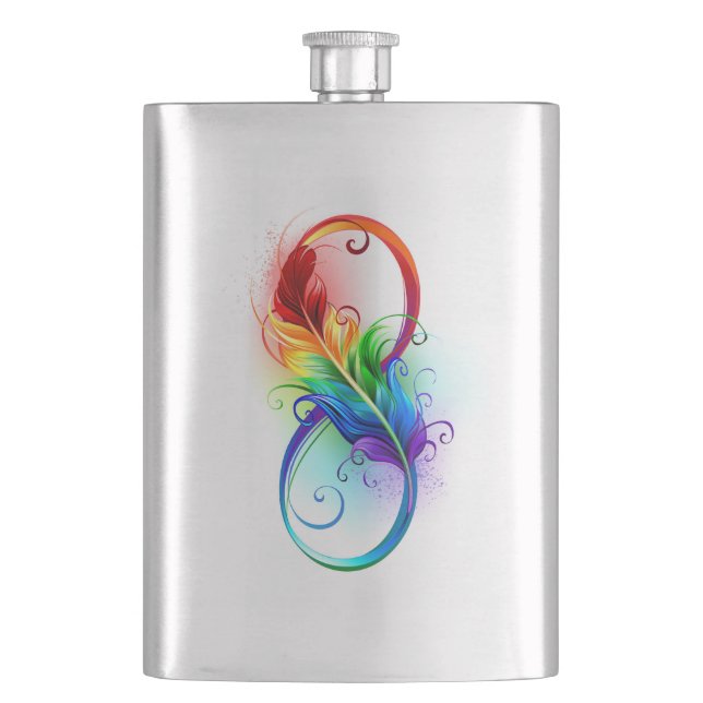 Infinity Symbol with Rainbow Feather Hip Flask (Front)
