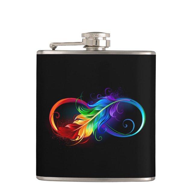 Infinity Symbol with Rainbow Feather Hip Flask (Front)