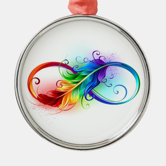 Infinity Symbol with Rainbow Feather Metal Ornament (Front)
