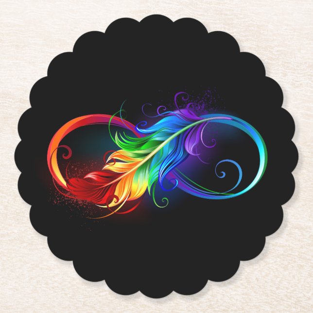 Infinity Symbol with Rainbow Feather Paper Coaster (Front)