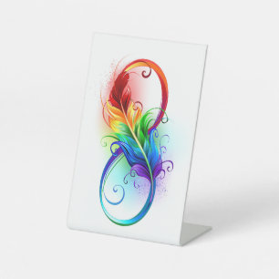 Infinity Symbol with Rainbow Feather Pedestal Sign