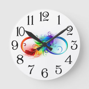 Infinity Symbol with Rainbow Feather Round Clock