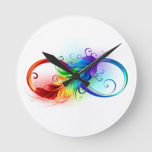 Infinity Symbol with Rainbow Feather Round Clock