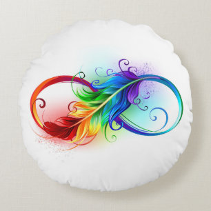 Infinity Symbol with Rainbow Feather Round Cushion