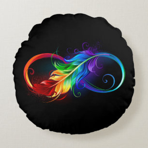 Infinity Symbol with Rainbow Feather Round Cushion
