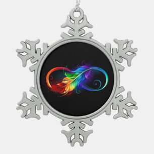 Infinity Symbol with Rainbow Feather Snowflake Pewter Christmas Ornament