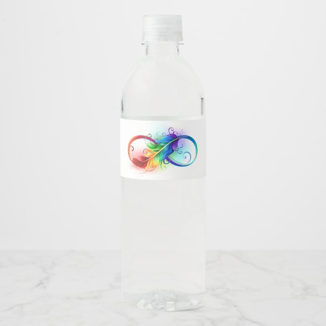 Infinity Symbol with Rainbow Feather Water Bottle Label (Front)