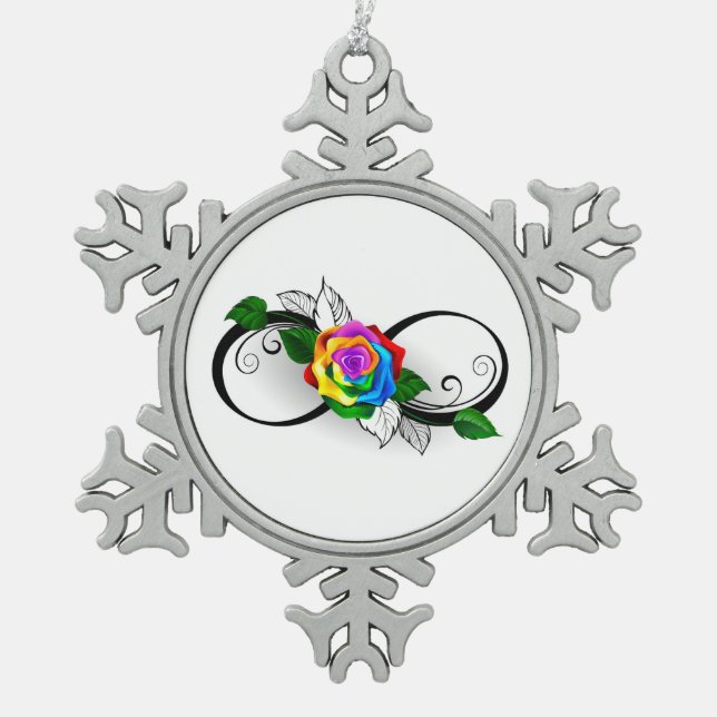 Infinity Symbol with Rainbow Rose Snowflake Pewter Christmas Ornament (Front)