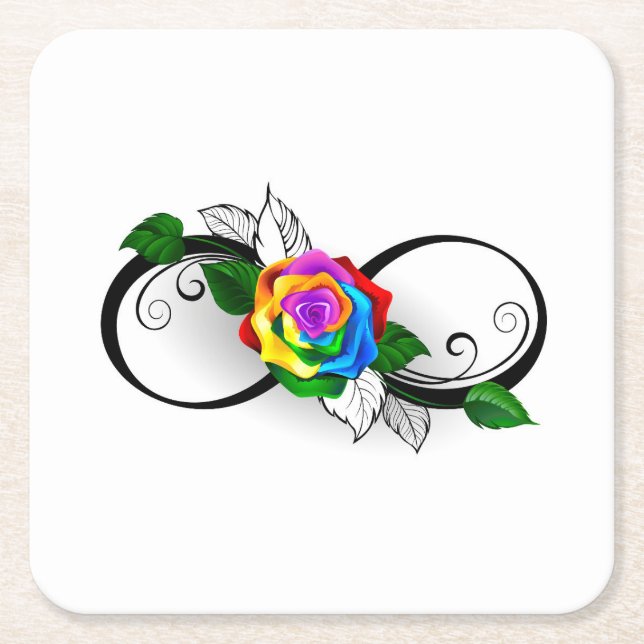 Infinity Symbol with Rainbow Rose Square Paper Coaster (Front)