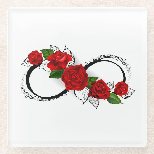 Infinity Symbol with Red Roses Glass Coaster (Front)