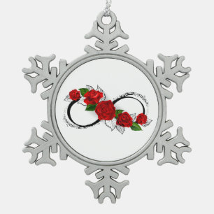 Infinity Symbol with Red Roses Snowflake Pewter Christmas Ornament
