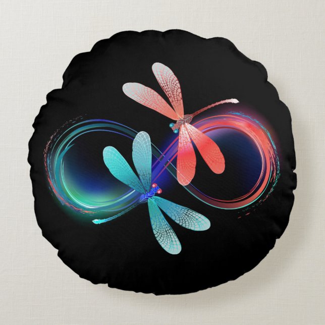 Infinity with glowing dragonflies round cushion (Front)
