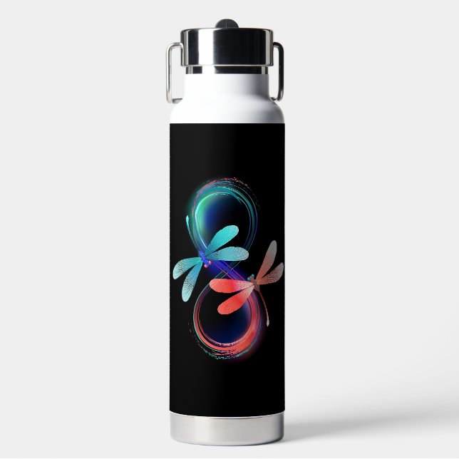 Infinity with glowing dragonflies water bottle (Front)