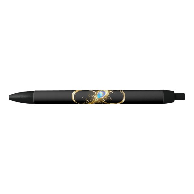 Infinity with Golden Peacock Feather Black Ink Pen (Front)