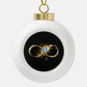 Infinity with Golden Peacock Feather Ceramic Ball Christmas Ornament