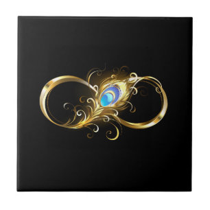 Infinity with Golden Peacock Feather Ceramic Tile