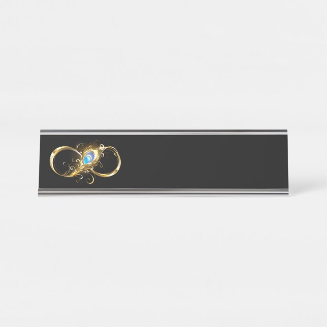 Infinity with Golden Peacock Feather Desk Name Plate (Front)