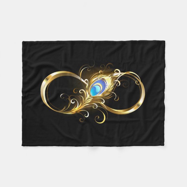 Infinity with Golden Peacock Feather Fleece Blanket (Front (Horizontal))