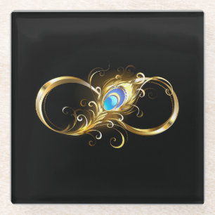 Infinity with Golden Peacock Feather Glass Coaster