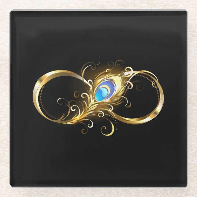 Infinity with Golden Peacock Feather Glass Coaster (Front)