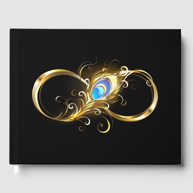Infinity with Golden Peacock Feather Guest Book (Front)