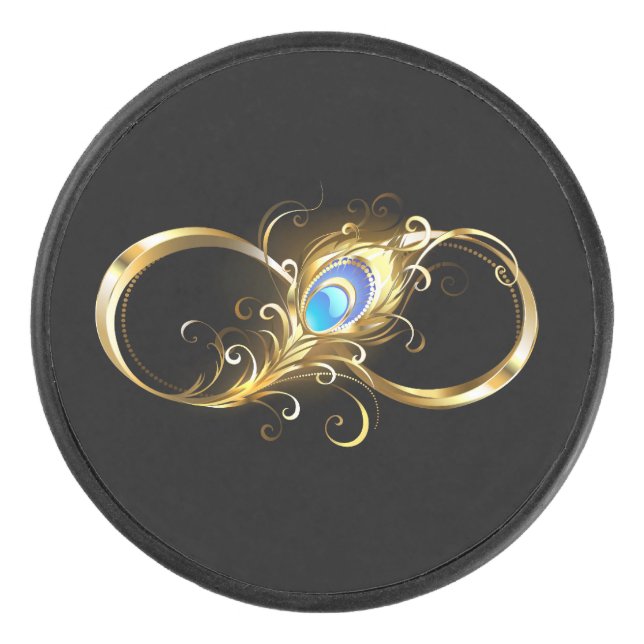 Infinity with Golden Peacock Feather Hockey Puck (Front)