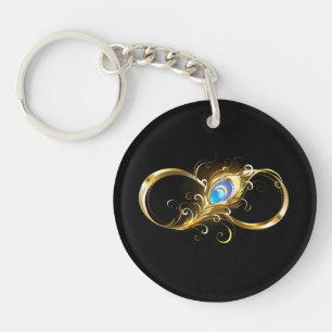 Infinity with Golden Peacock Feather Key Ring