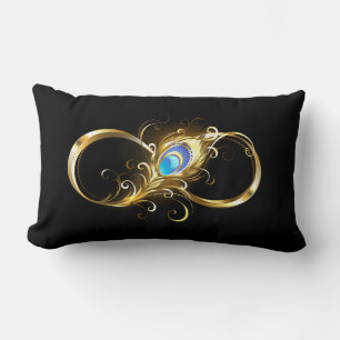 Infinity with Golden Peacock Feather Lumbar Cushion