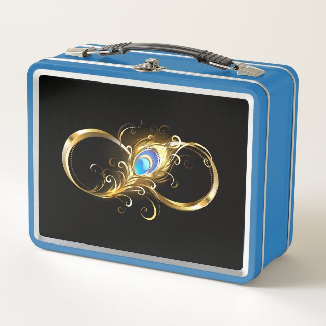 Infinity with Golden Peacock Feather Metal Lunch Box (Front)